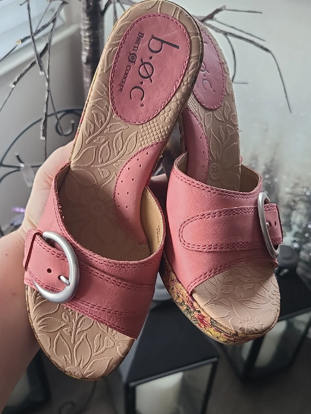 b.o.c. Pink Cork Wedge Slide Sandals with Buckle SIZE 9